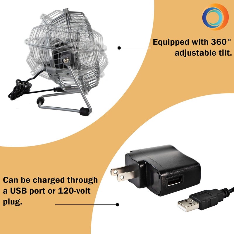 Comfort Zone مروحة مكتبية معدنية 4 بوصة مع USB أو سلك طاقة، سرعة واحدة، ميل قابل للتعديل 360 درجة، مروحة كهربائية صغيرة متينة ومضغوطة للاستخدام في المنزل أو المكتب أو السفر، فضي - Image 4